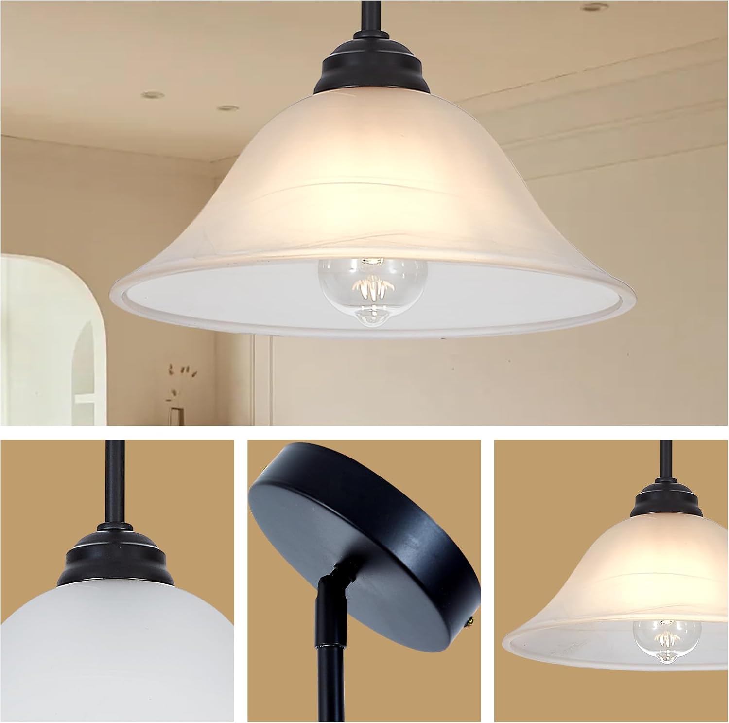 Modern Alabaster Glass Pendant Light Adjustable Rod Pendant Lighting Fixture for Kitchen Sink Bar Dining Room, 12“D (Black)