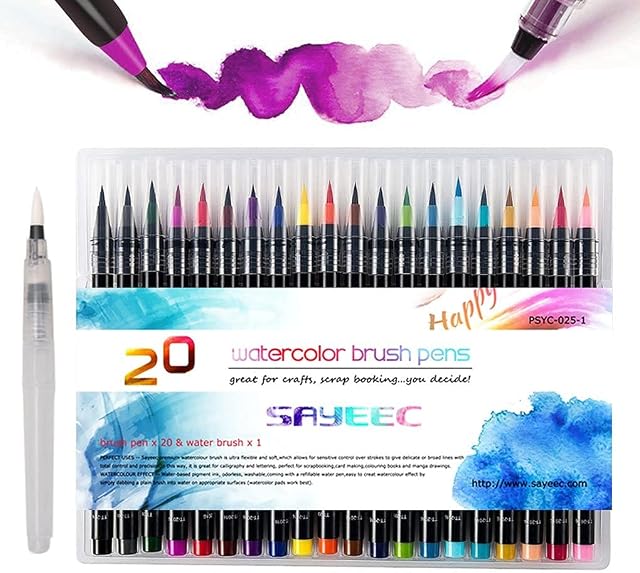 SAYEEC Watercolour Flexible Brush Pens, Set of 20 Premium Watercolour Paint Brush Art Pens with 1 Refillable Blending Brush Soft Flexible Tip for Adult Coloring Books/Lettering Beginner