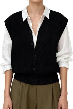 Womens Flower Embroideried Vintage Sleeveless Sweater Vest V Neck Button Front Cardigan Crochet Crop Knit Vest Tops