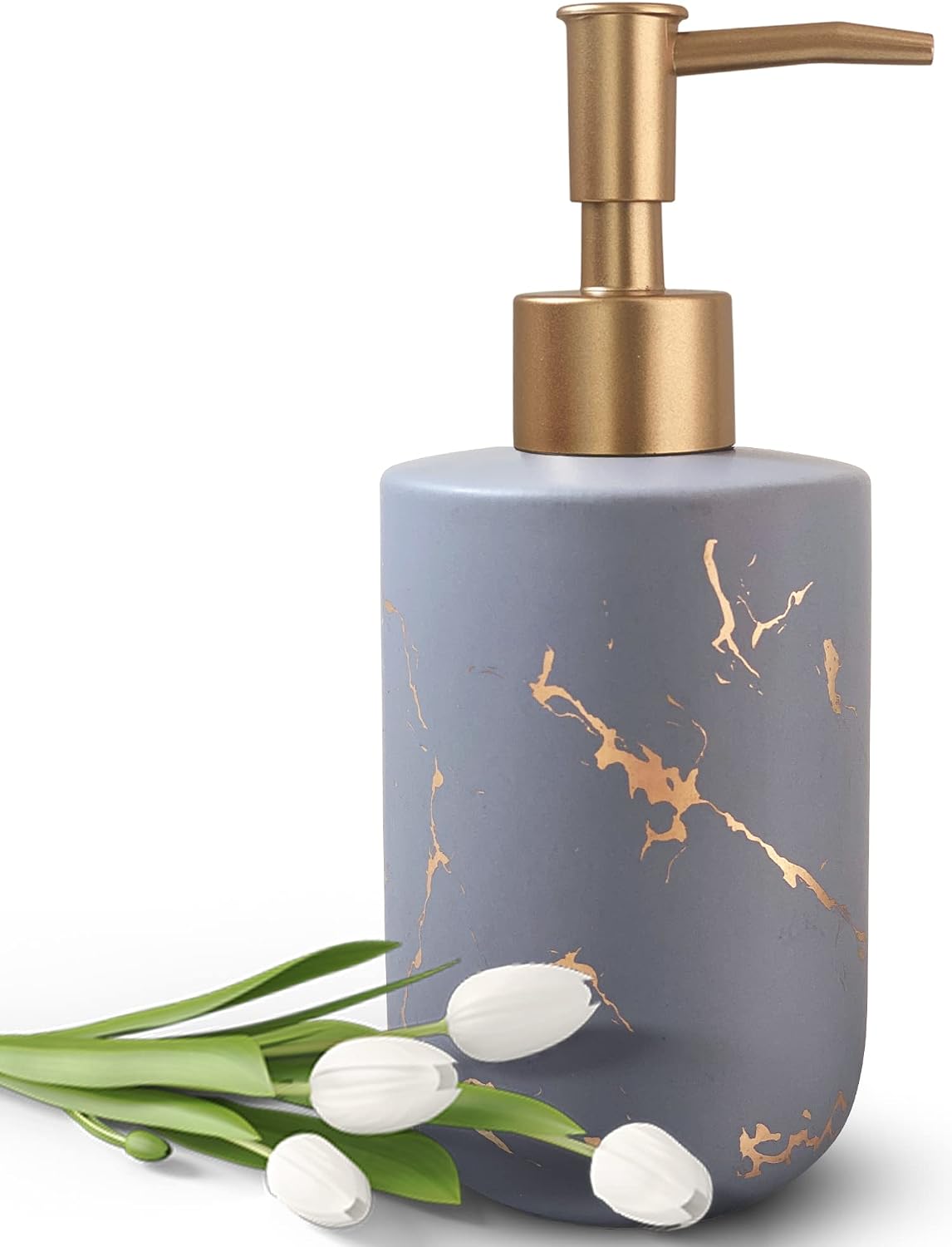 Gold Ceramic Soap Dispenser with Marble Pattern - Liquid Hand Soap Dispenser Pump Bottle (White)
