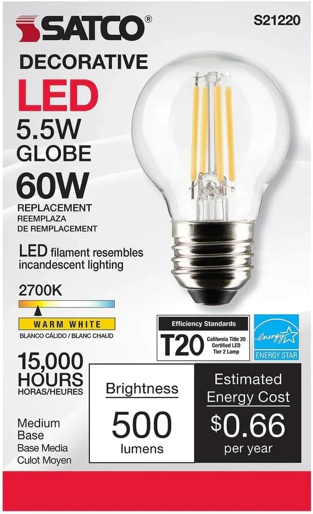 Satco 5.5-Watt LED E26 Light Bulbs, 2700K, 15000 Hour Rating, Dimmable, 6 Pack