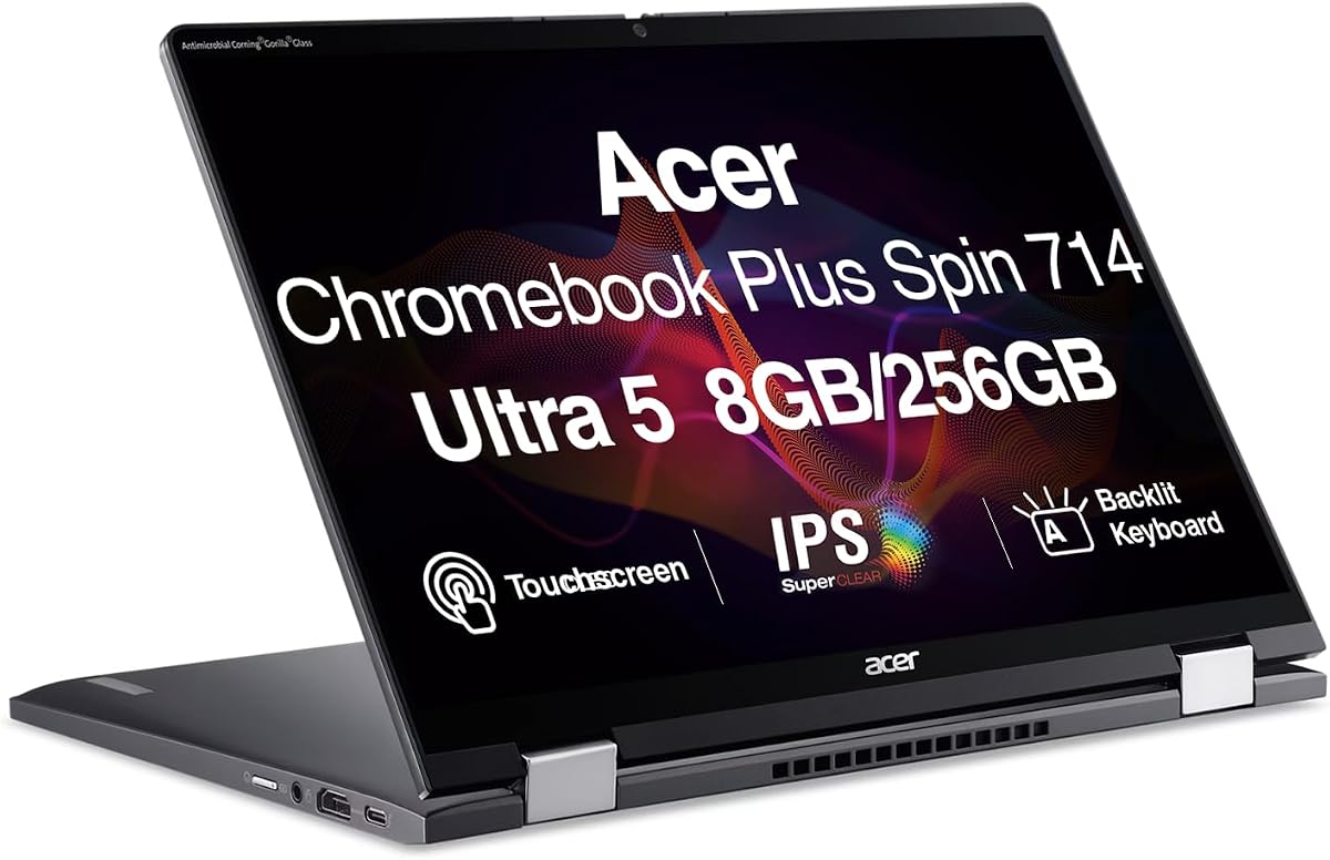 Acer Chromebook Plus Spin 714 AI Powered 2-in-1 14.0" Touchscreen IPS WUXGA Display (Intel Ultra 5 115U, Intel Graphics, 8GB LPDDR5, 256GB PCIe SSD, QHD Webcam, Backlit KB, 2 Thunderbolt 4, Chrome OS)