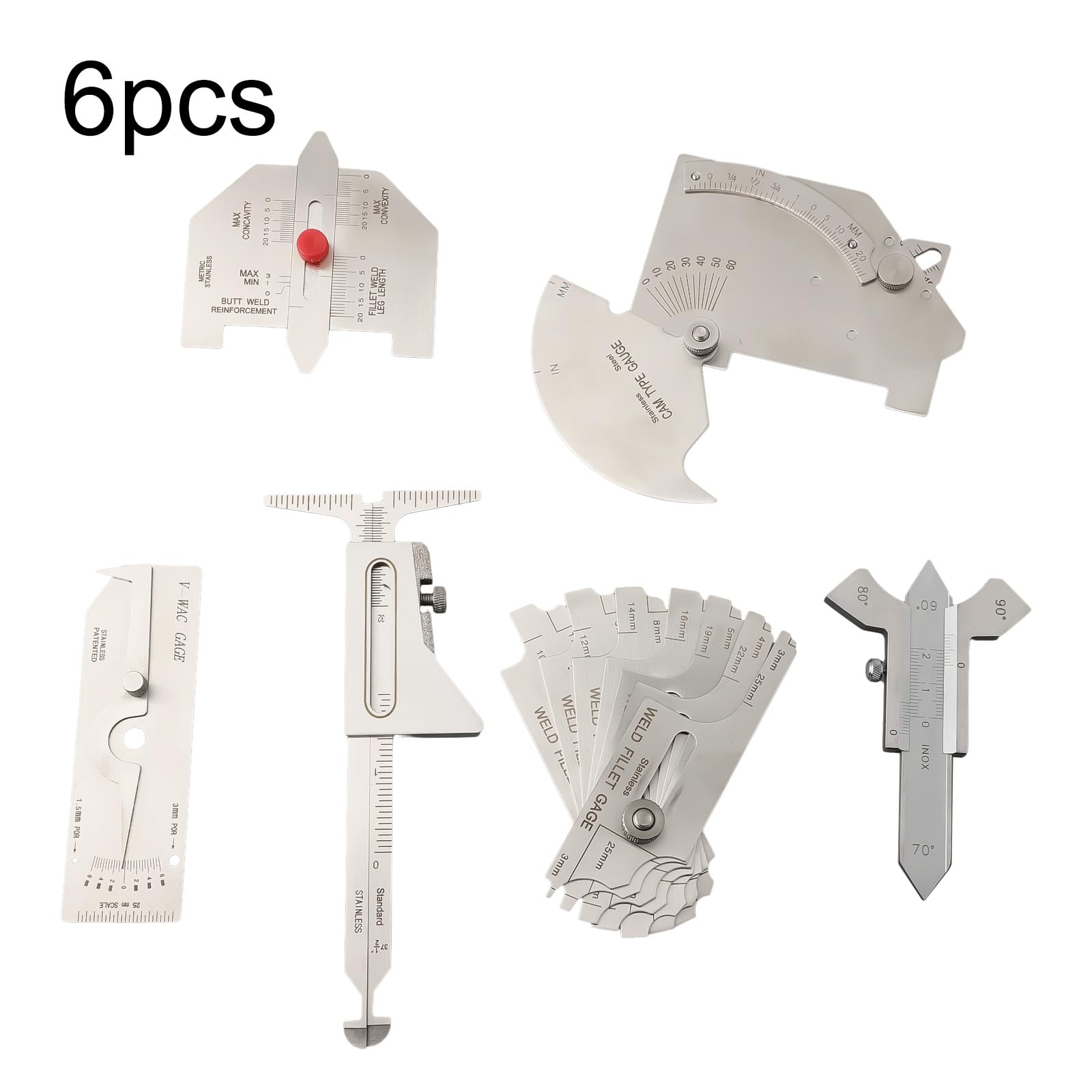 Schweiß-Inspektionslehre-Sets, 6-teiliges Schweißmesswerkzeug-Set MG-8 MG-11 V-WAC Kombi-Messwerkzeug-Set, Edelstahl-Schweiß-Qualitätskontrollinstrumente für industrielle Anwendungen