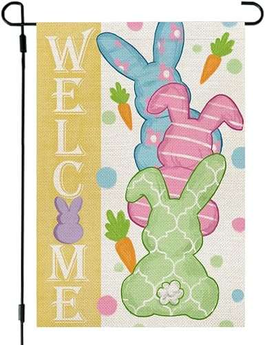 Bandera de jardín de cola de conejo de Pascua bandera de jardín de bienvenida bandera vertical de doble cara para decoración al aire libre casa de