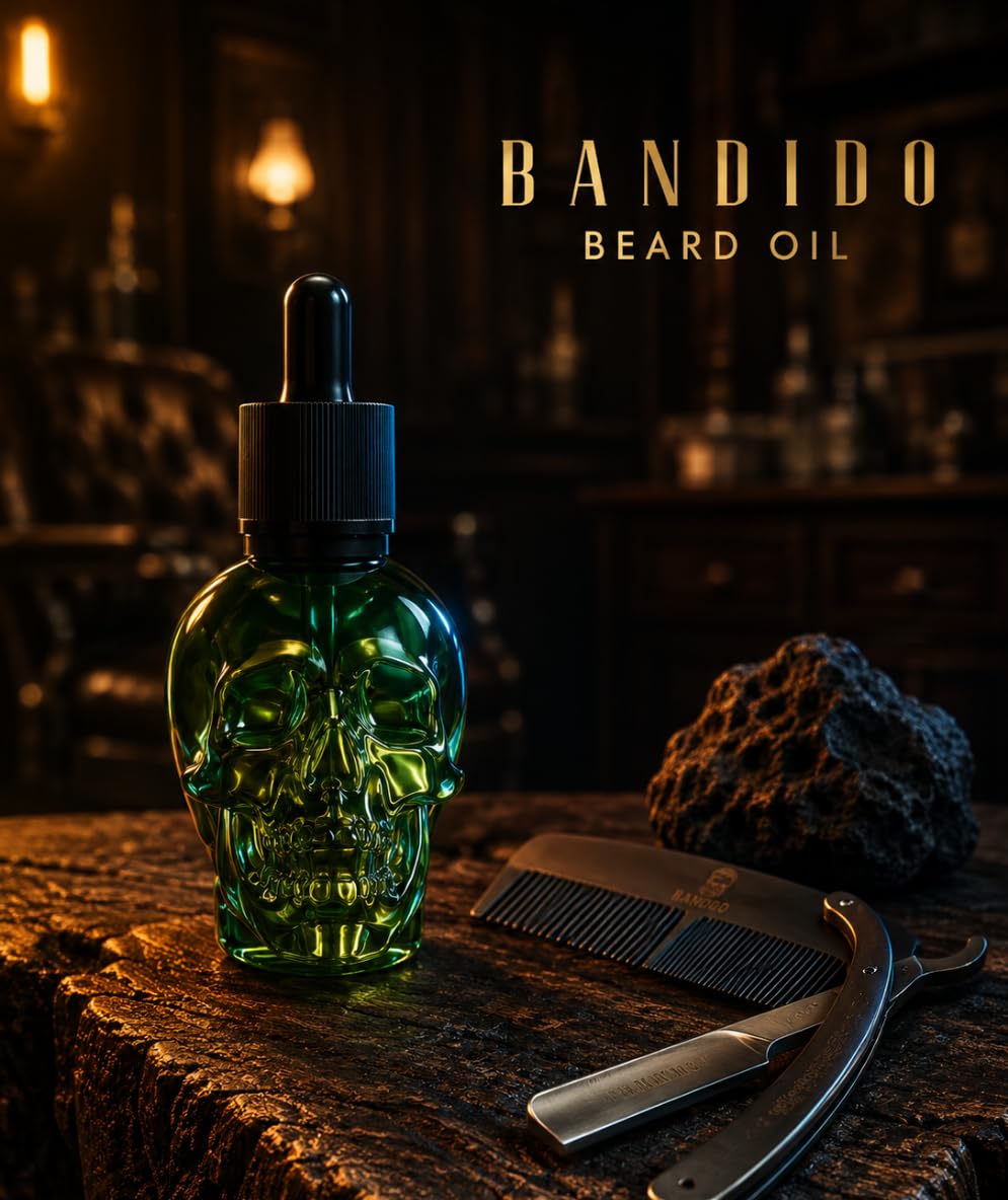 Bandido Olio per barba, per la cura quotidiana della barba di 3 giorni o barba piena, idea regalo per gli uomini, 40 ml con dispenser per pipetta, design teschio, siero per barba, colore verde