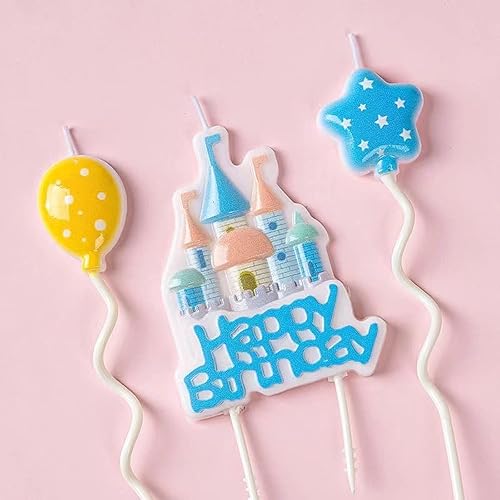 Decoración para tartas de feliz cumpleaños, 3 velas grandes de castillo azul, decoración de pastel de vela en forma de globo y estrella