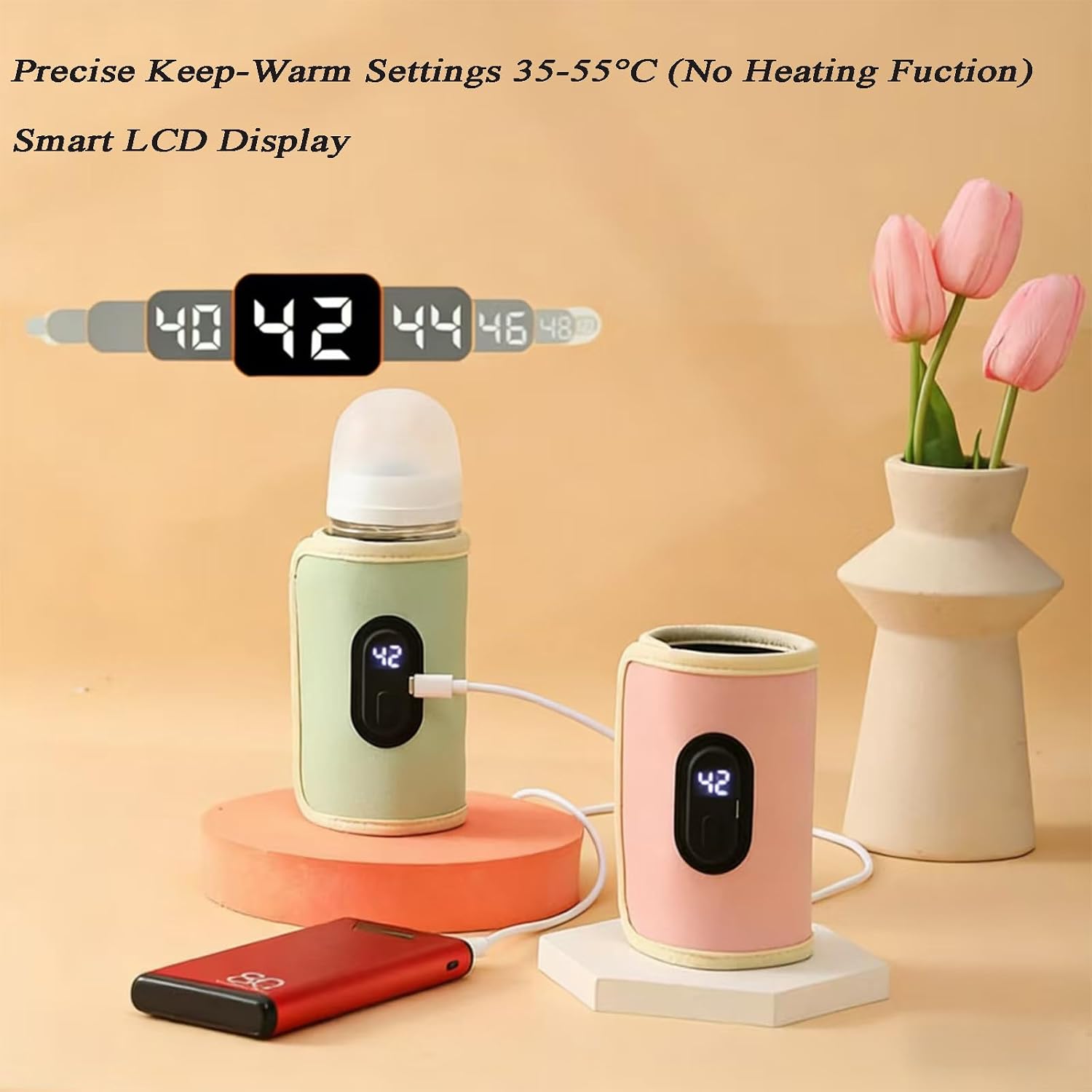 Baby Bottle Warmer,Keep Milk Warm Only (No Heating,Keep Warm only) Temperature Digital USB Portable Warming Sleeve,Portable Thermo Cover with Digital Display & Keep Warm Settings (Green)
