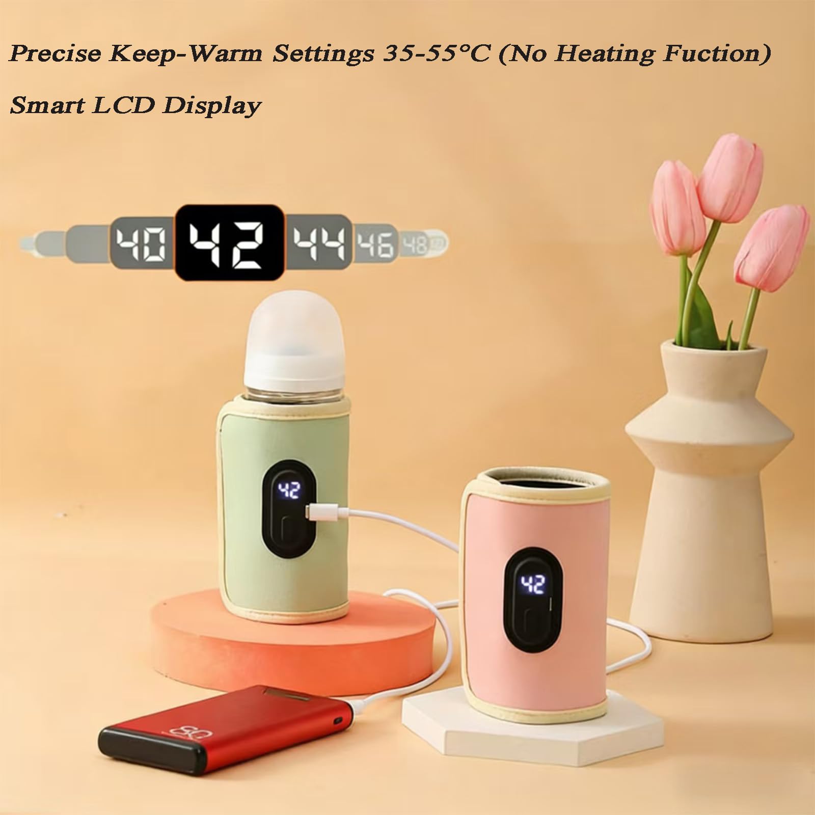 Calentador de biberones, mantiene la leche caliente (sin calentamiento rápido), funda térmica portátil con 20 temperaturas, digital, USB, pantalla digital y 20 ajustes de temperatura (rosa)