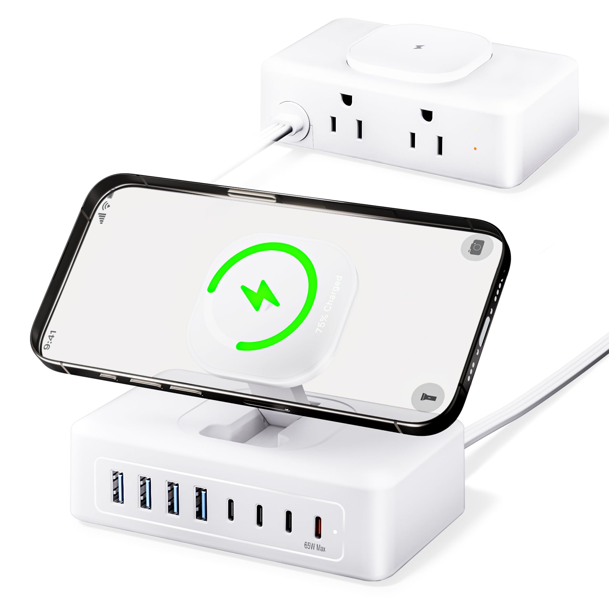 11-in-1 USB Charging Station, ACOZVIN USB C Charger Block with 2AC Outlets& Wireless Charger, 8USB-Ports Power Strip 5ft Flat Plug, PD65W Laptop Fast Charging Compatible with MacBook, iPhone 16/15/14