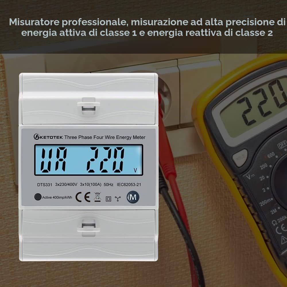 KETOTEK Contatore elettrico trifase AC Amp Volt Potenza Energia Monitor Top Hat Guida DIN Wattmetro bidirezionale Consumo energetico Ingresso Uscita kWh 3x230V/400V 10(100) A 50/60Hz DTS331