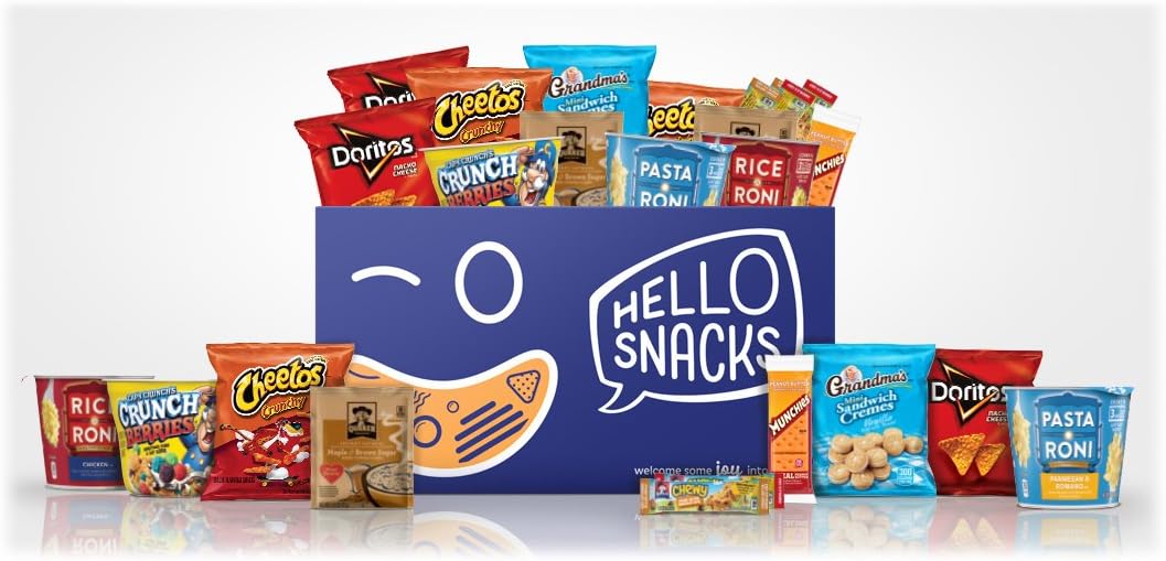 Hello Snacks Variety Gift Box with Chips, Chewy Bars, Oatmeal, Pasta Cups, & More, 30 Snacks