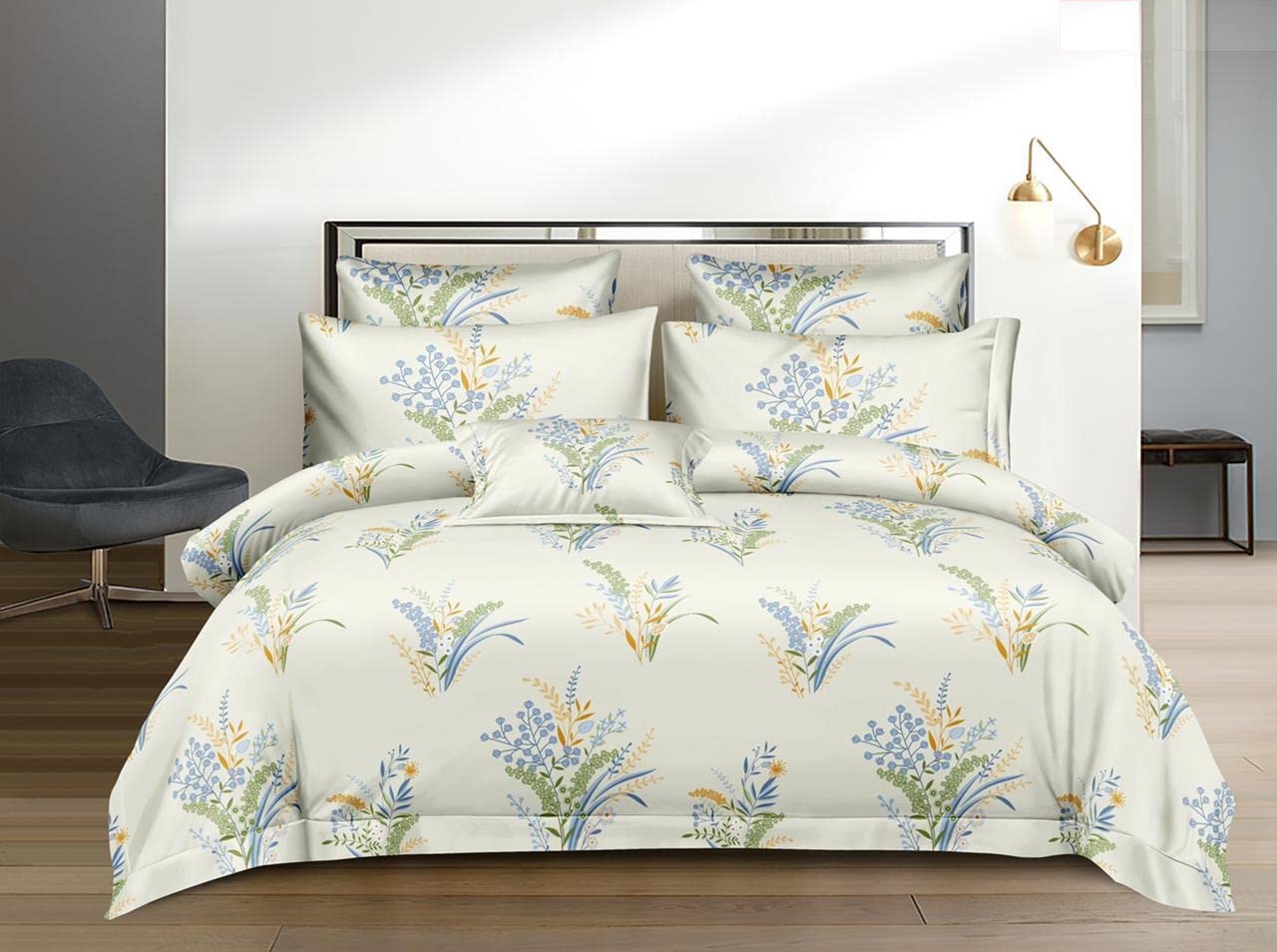 THE HOME STYLE 400 TC Cotton Printed All Around Elastic Fitted King Size Double Bed Bedsheet with 2 Pillow Cover II 170GSM, (72"x78", Ivory Cream)