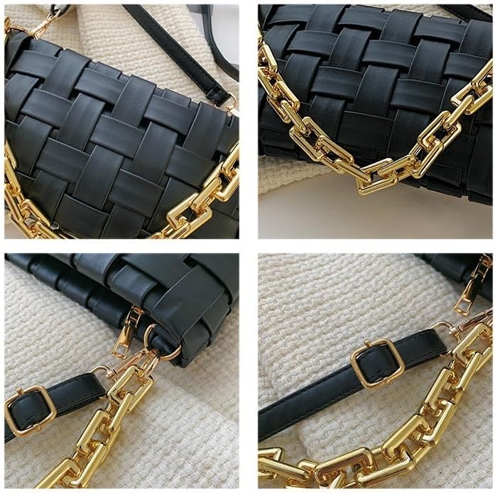 Women's Braided Shoulder Bag Weave Purse with Chain,Woven Crossbody Evening Small Handbag Satchel Clutch Evening Bag - Image 4