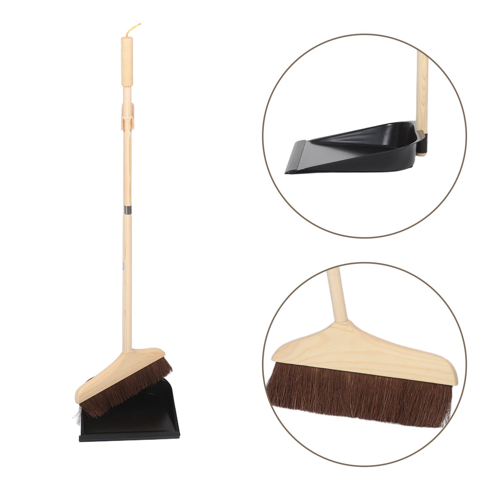 Set Scopa Domestica Setole Morbide e Paletta in Legno Nero, Manico lungo Staccabile in Ferro per Pulizia Pavimenti in Cucina e Casa, Non Graffia e Risparmia