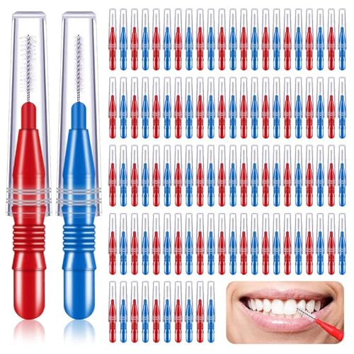 Jouseer 100 Stück Interdentalbürsten Dentalbürsten Zwischenraum Zahnbürste Zahnzwischenraumbürsten Zahnseide Zahnstocher Zahnreinigung Werkzeug Rot, Blau Cover