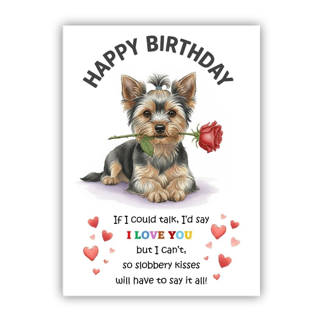 Dog Birthday Card – Cute Puppy with Rose – Birthday Card from the dog to the owner, Mum, Dad, Mummy, Daddy, Mother, Father (• Yorkshire Terrier grey – Yorkie – York Terrier)