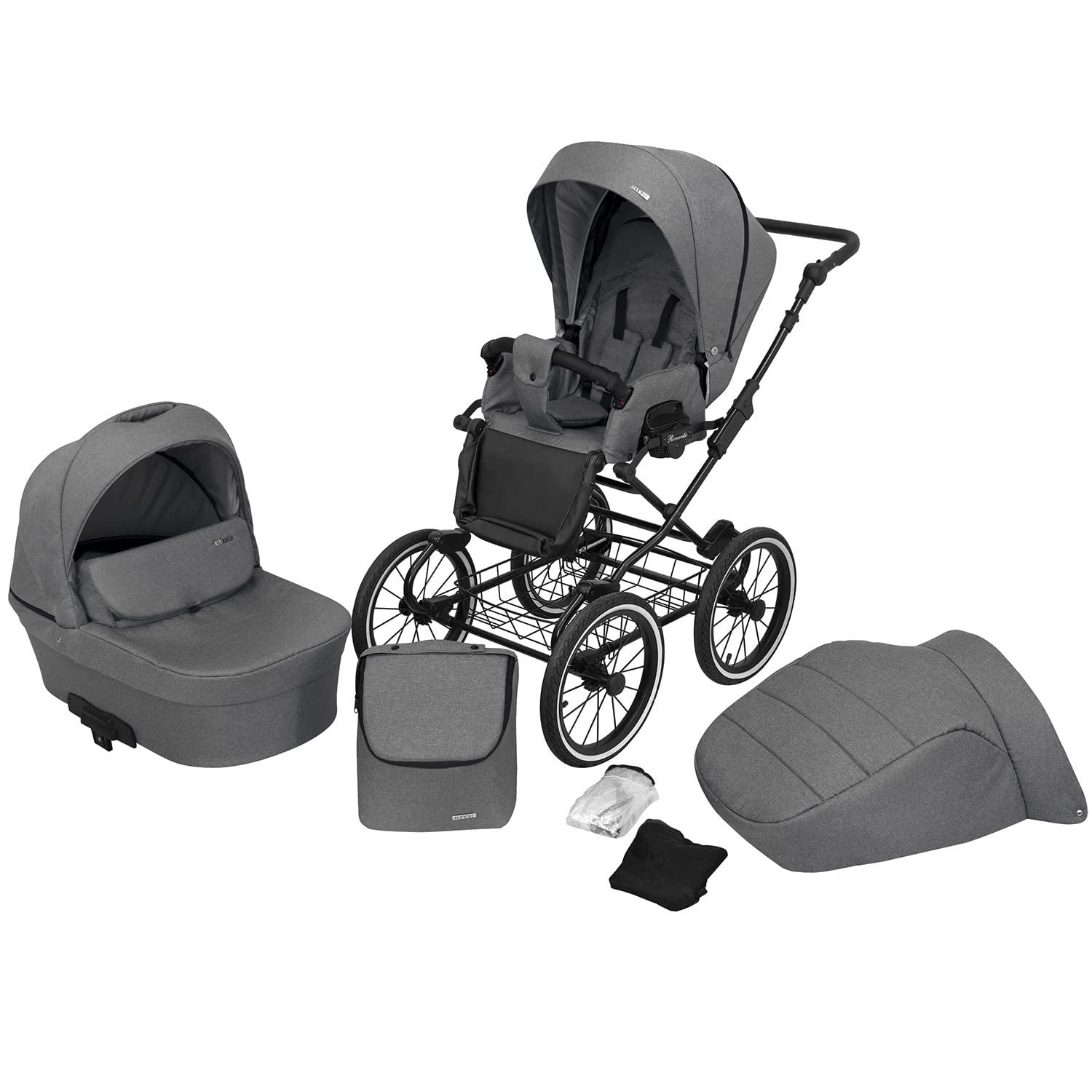 KUNERT Kinderwagen ROMANTIC retro Sportwagen Babywagen Autositz Babyschale Komplettset Kinder Wagen Set 2 in 1 und 3 in 1 (grau- schwarz rahmen, 2in1)