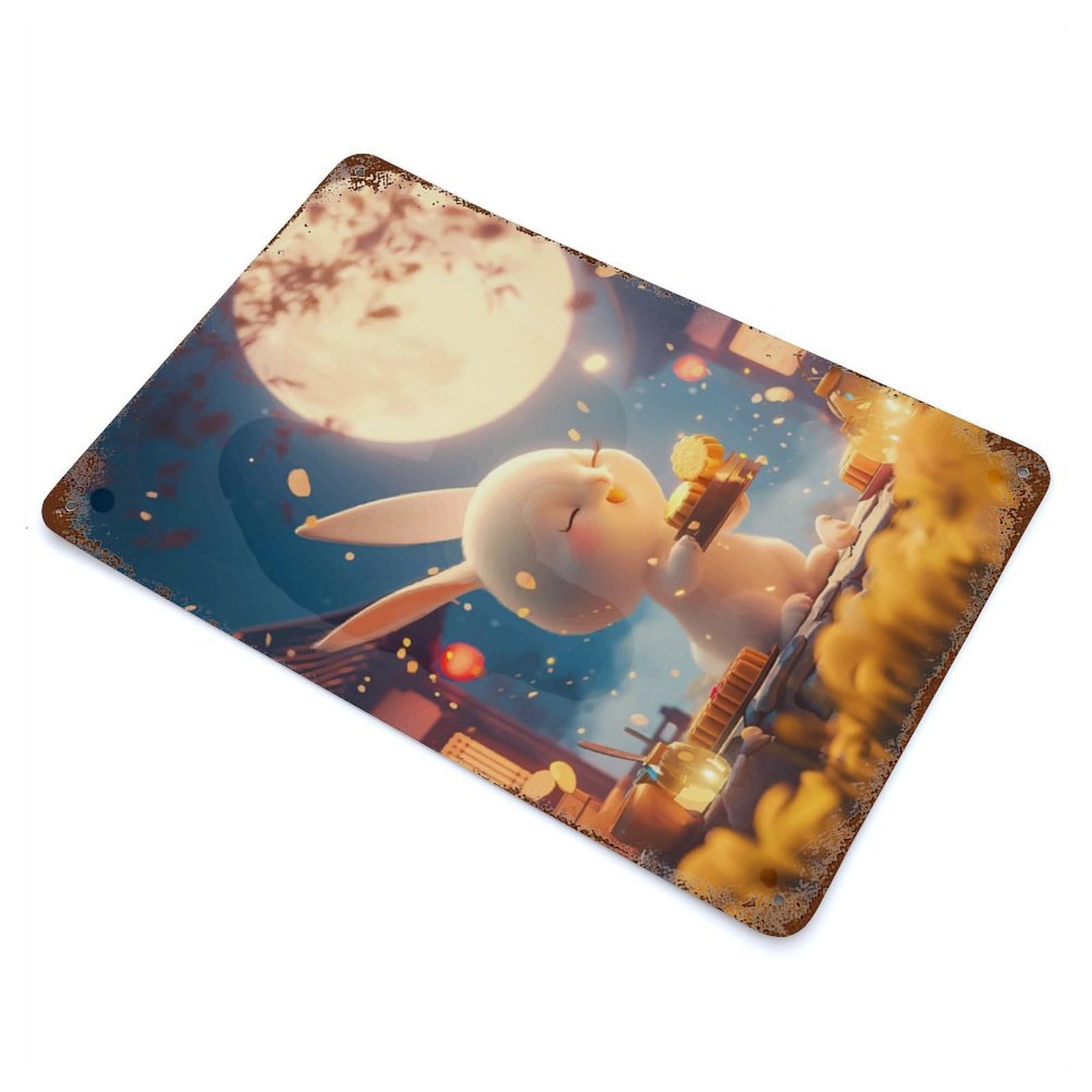 Moon Festival Bunny Decorative Tin Sign 11.8"x7.9", Ideal for Cafe, Home Bar And Lounge Decor