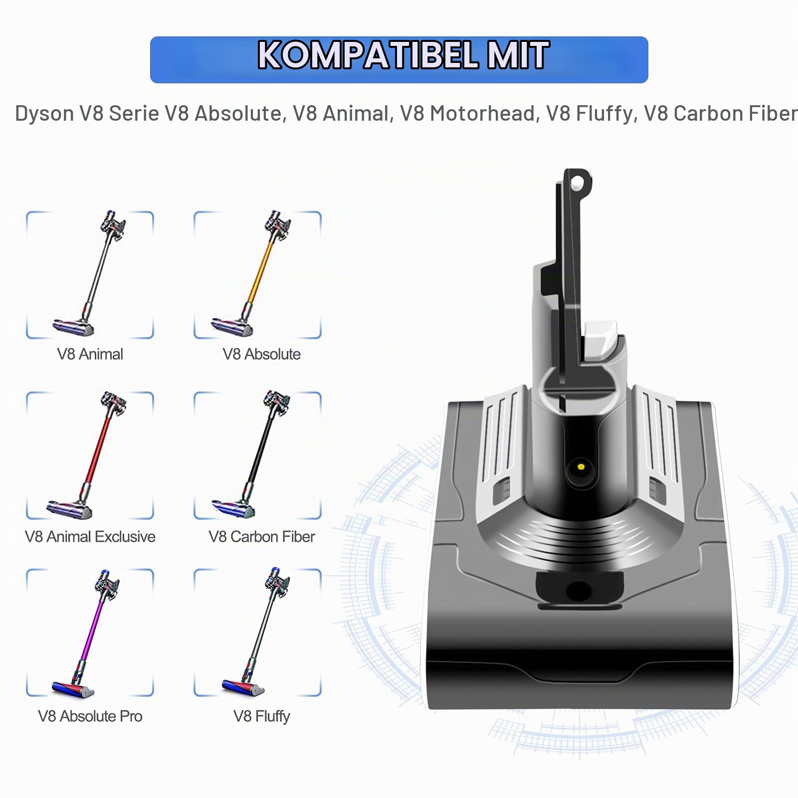 4,5Ah Ersatzakku Kompatibel mit Dyson V8 SV10 Akku Staubsauger V8Absolute, V8Animal, V8Fluffy 214730-01 Li-Ionen Batterie mit Pre-und Post-Motor Filter