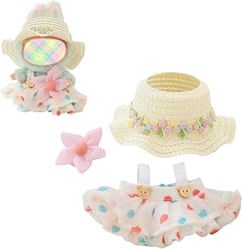 Clothes for Lu bubu 17cm Dolls Accessories No Doll, Kawaii Hat Skirt Outfit Set 3 Pieces for 17cm Dolls Suit, Stylish Flower Doll Hat Clothing Set Replacement Beige