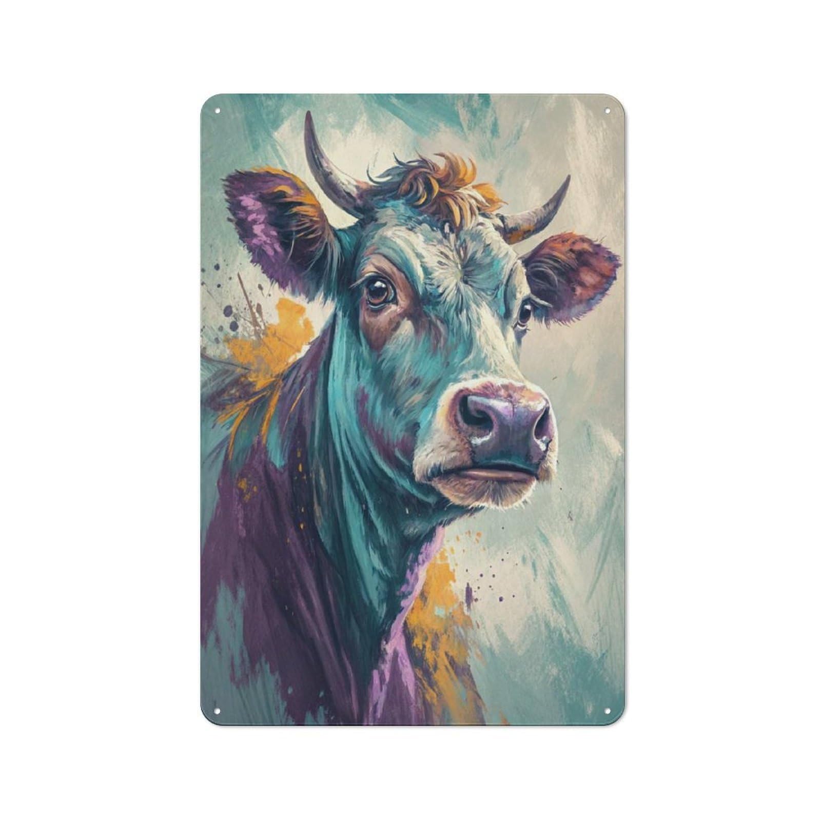 Junmoney Style-1 Tin Wall Plaque 30X20cm With Colorful Cow Portrait For Home Office Or Studio, New Home Wall Decor For Home Office Decor Fans