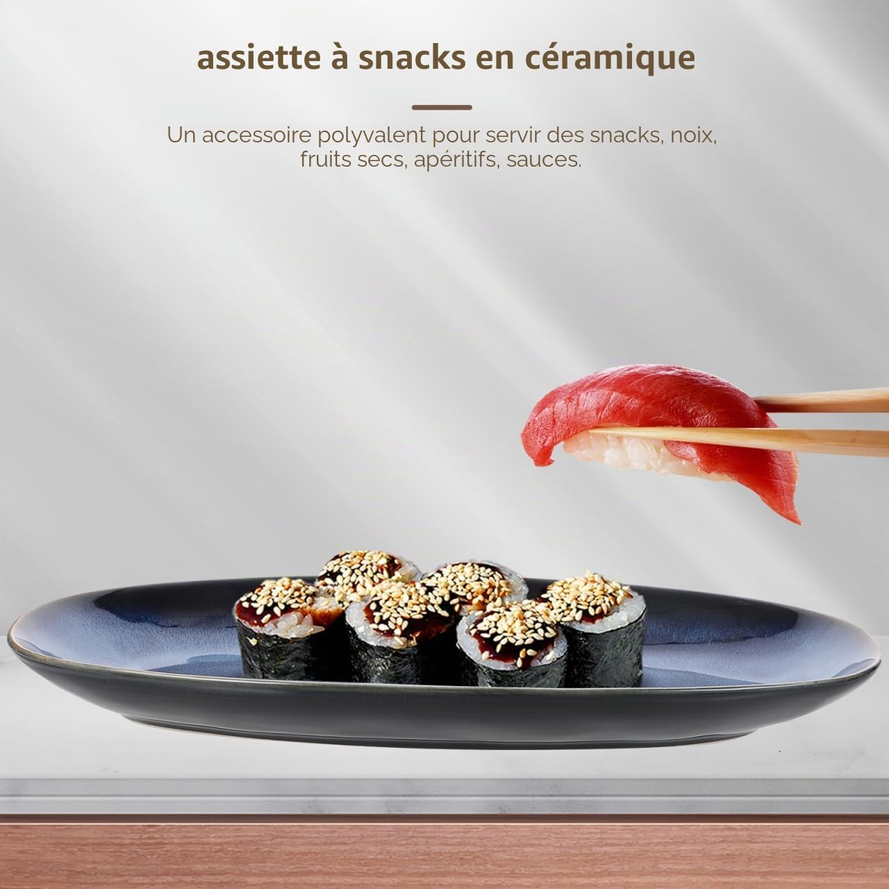 Cabilock Plat De Service Ovale en Céramique Émaillée, Assiette pour Sushi, Fruits Et Apéritifs, Passe Micro-Ondes Et Lave-Vaisselle, Bleu, 34.7 X 16.8 X 3.5 Cm