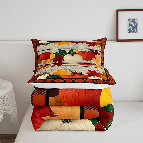 Miniatura 6 de Juego de ropa de cama de calabaza, juego de edredón geométrico a cuadros para niños y niñas, decoración de festival de calabaza de otoño, juego de