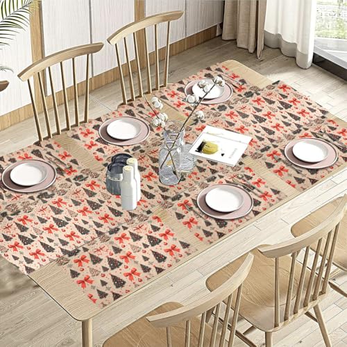 Image of Dining Table Mats Set of 6 with 135 cm Runner - Christmas Tree Red Bow Theme,Digital Print, Washable, Indoor /Outdoor, Heat-Proof, Wipe & Clean (47X33 cm) Olive & Green