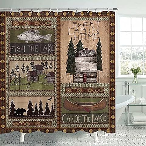 Lierpit Rustic Farm Shower Curtain for Bathroom Bear Cabin Fish Vintage Farmhouse Bath Curtain Boat Shower Curtains Polyester Fabric Decor with Hooks 69x70Inches Cover