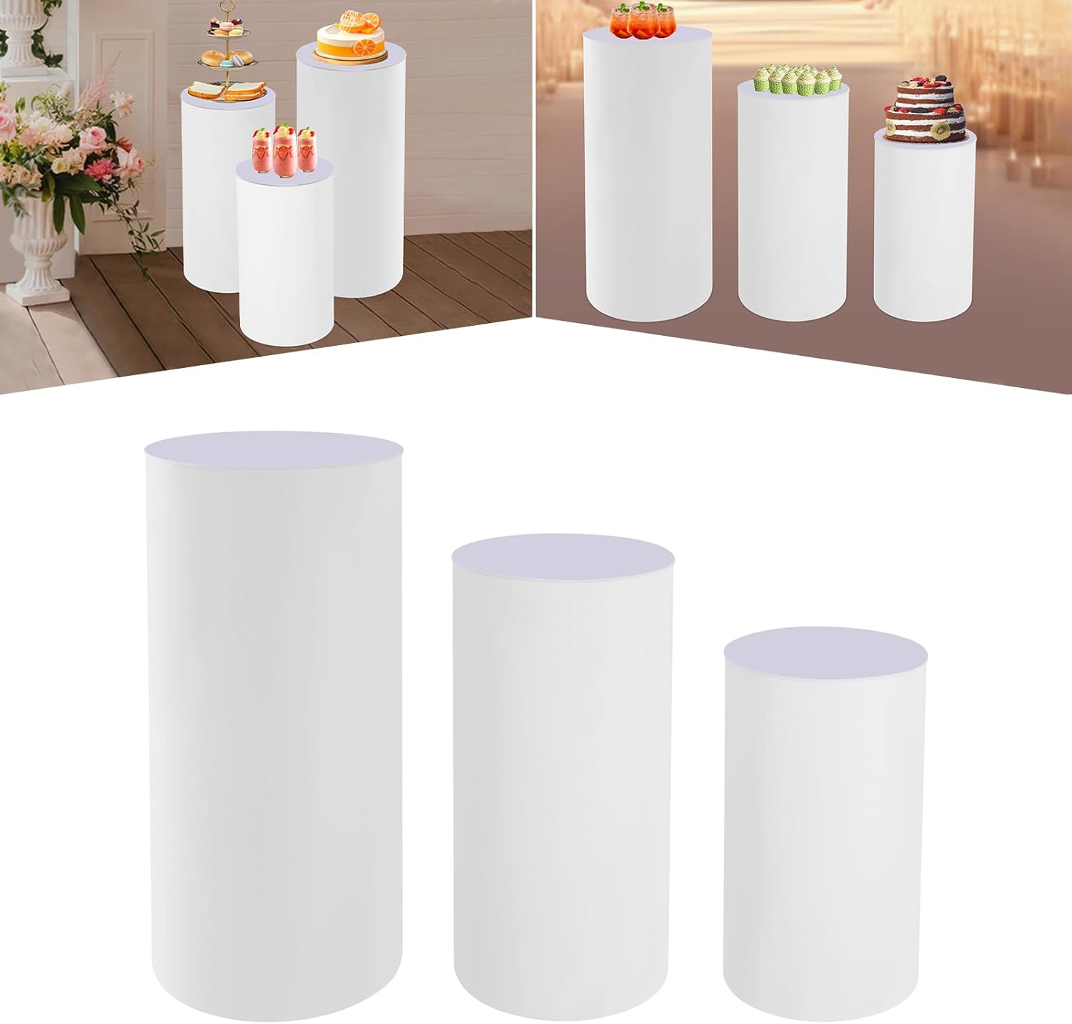 3-Piece White Cylinder Pedestal Stands for Weddings and Parties, PVC and Acrylic, 63.93/57.32/48.5lb Capacity, 23.6/29.5/35.4in Heights