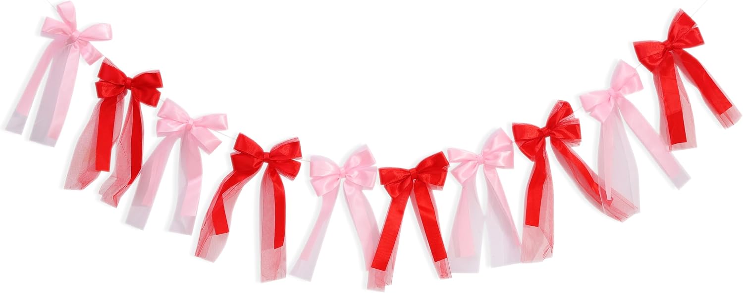 Pink and Red Bow Banner - Ribbon Bow Party Decorations, Sweet Birthday Satin Ribbon Ornaments, for Baby Shower Birthday Party Supplies
