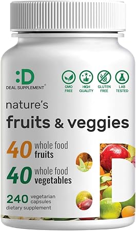 Nature’s Fruits & Veggies Supplement, 240 Veggie Capsules – 80 Whole Food Superfoods for Daily Balance – 40 Fruits with 40 Vegetables and Greens – Non-GMO, Gluten Free