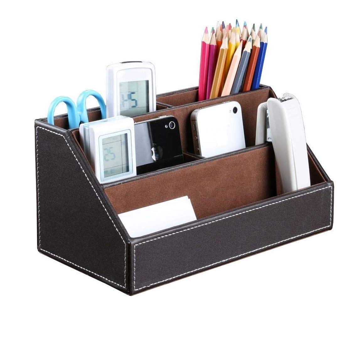 Bargain Crusader Brown PU Leather Remote Controller Holder TV Guide CD DVD Controller Organizer Desk Caddy Stationery Organizer Caddy Stationery