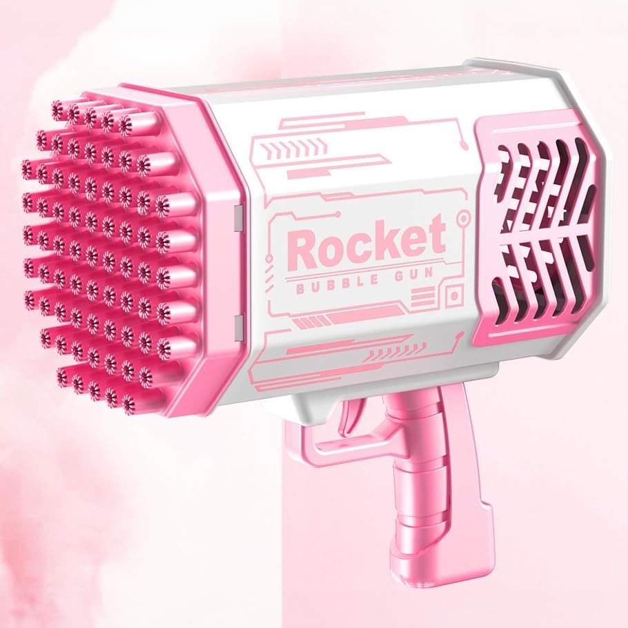 Rocket Bubble Gun Toy, 40 Hole Space Bubble Blaster with LED Lights, Battery Powered, Includes 50ml Bubble Solution, for Ages 3 and Up (Pink)