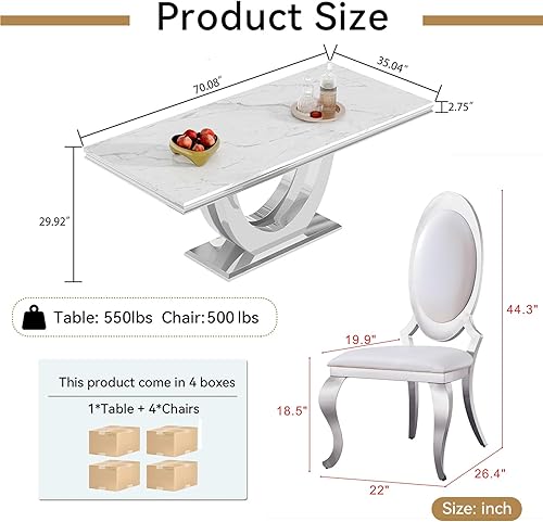 Miniatura 3 de Juego de mesa de comedor de mármol blanco plateado para 4, 5 piezas, juego de comedor moderno con mesa de mármol sintético de 70 pulgadas y 4 sillas