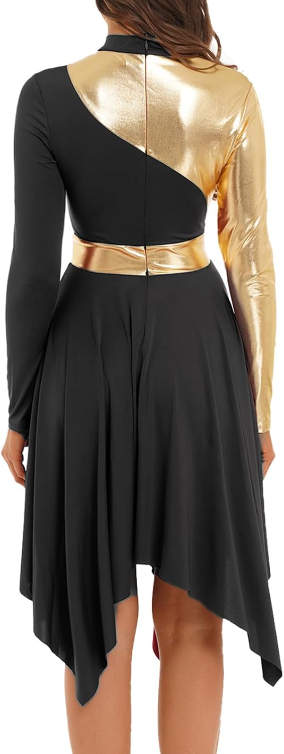 Vxuxlje Women's Liturgical Praise Dance Outfits Color Block Long Sleeve Dress with Wide-leg Pants