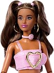 Barbie Deluxe Style Doll #12 in Pink Denim Crop Top | with Matching Rose Print Flare Jeans, Wavy Brown Hair, Accessories like Rose Handbag and Jewelry