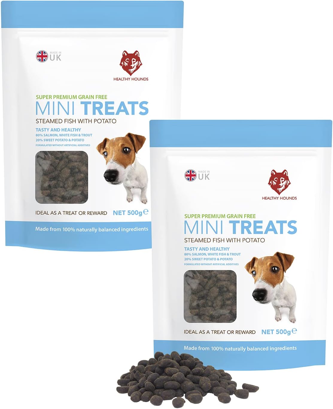 Healthy Hounds Puppy Training Treats - Pack of 2 x 500g of Natural Dog Treats for Skin, Coat & Joints - Steamed Fish & Potato Flavour - Grain Free Mini Packs with Omega 3