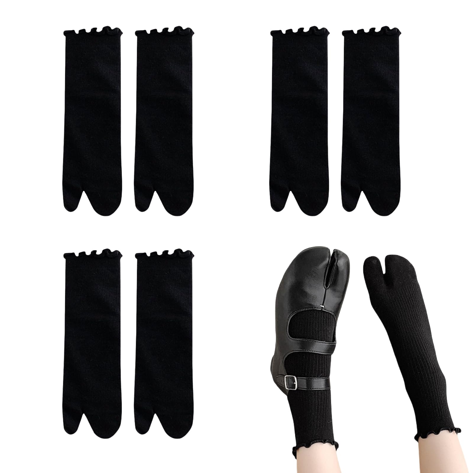 SamHeng Tabi Flip Flop Socks for Women 3 Pairs Cotton Japanese Split Toe Socks Calf-Length Elastic Ruffle Frilly Shinobu Cosplay Extra Sock(Black)