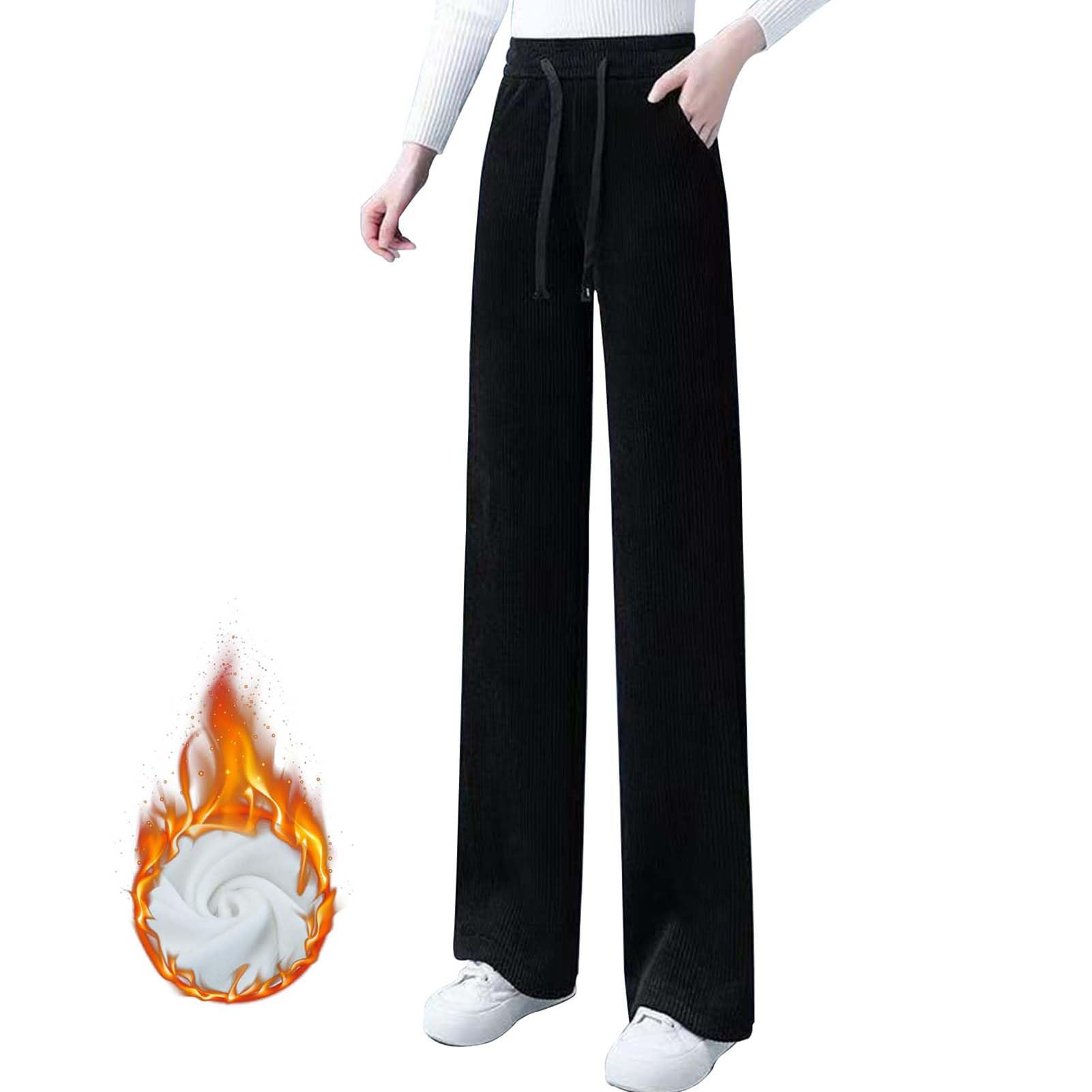 Womens Padded and Thickened Solid Color Wide-Legged Drawstring Straight Long Pants Elastic High Waist Pants