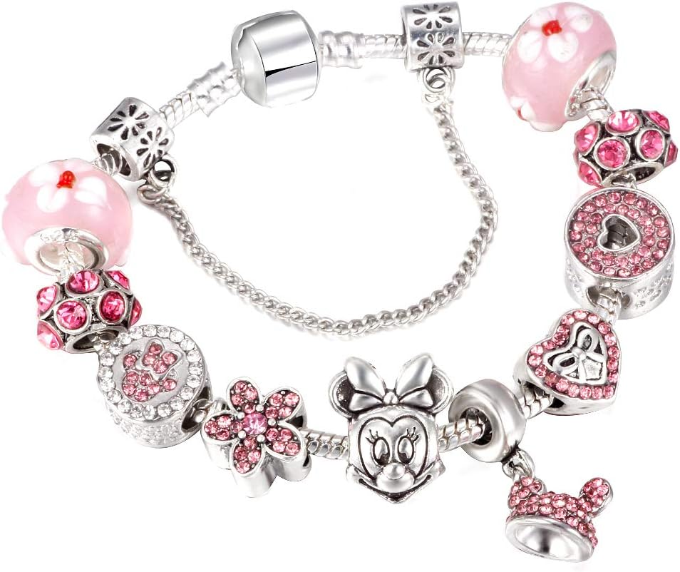 Mouse Theme Pink Charms Bracelet, Fits Pandora, Womens DIY Costume Jewelry