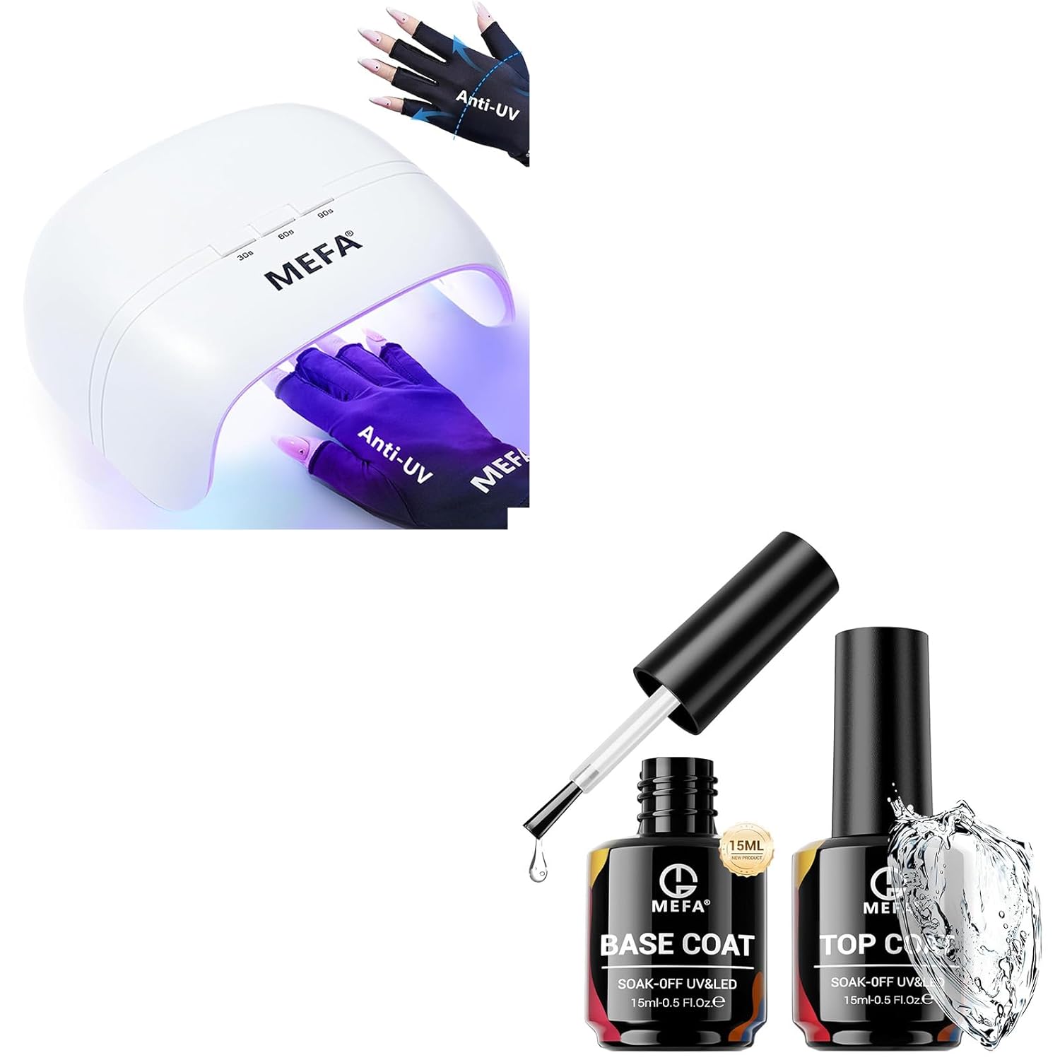 MEFA UV Nail Lamp with UV Gloves and 2 Pcs 15ml Gel Top Coat and Base Coat Set, 72W Light for Gel Nails with 21pcs Lamp Beads, 3 Times Dryer for Nail Polish Fast Curing, Professional UPF99+ Gloves No