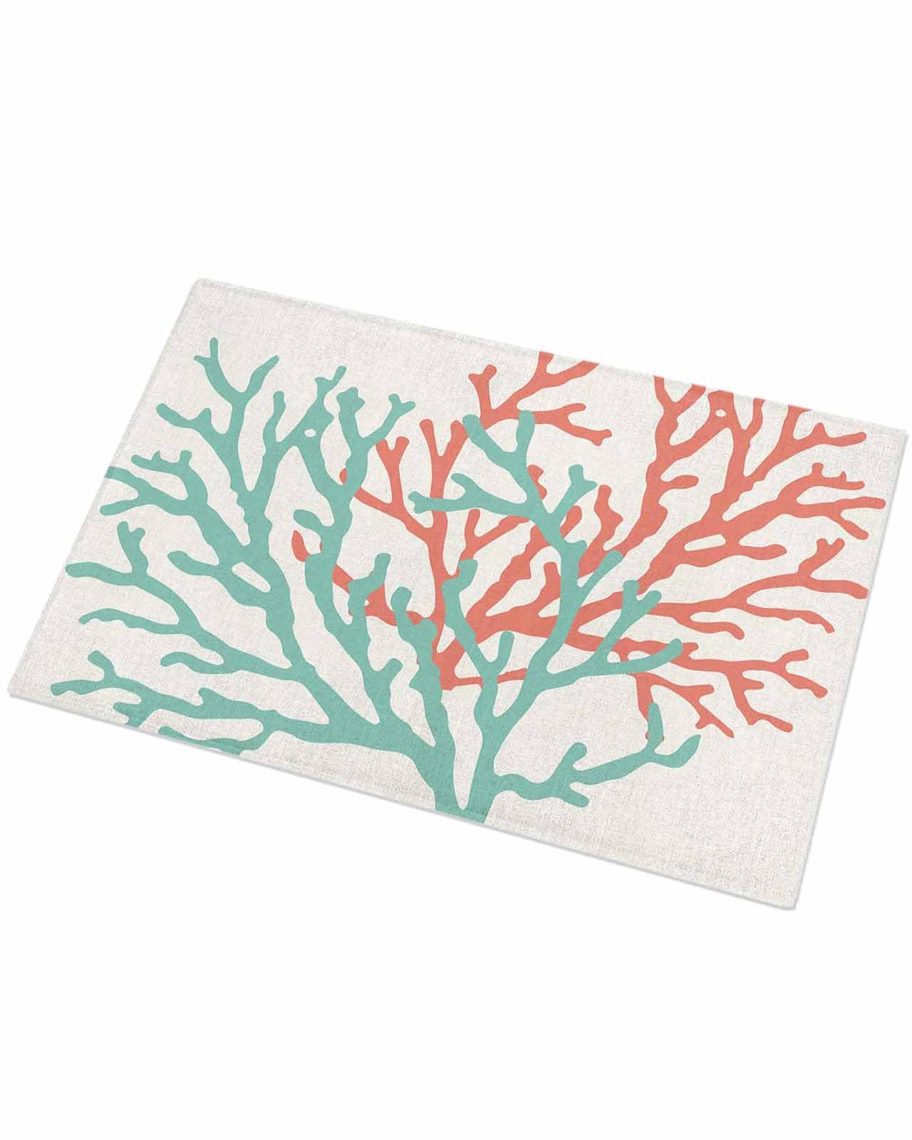 Indoor Doormat Ocean Teal and Orange Sea Coral on Linen,Shaggy Floor Mat with Non-Skid Backing Nautical Abstract Marine Life,Machine Washable Plush Area Rug Carpets for Kitchen Nursery Bedroom