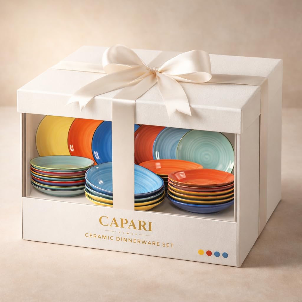 18-TLG. Kombiservice Geschirrset Tafelservice Porzellan BUNT Tellerset Capri für 6 Pers. kunterbuntes Kuchen-Teller klein + Speiseteller flach + Suppenteller tief Buntgenfarben