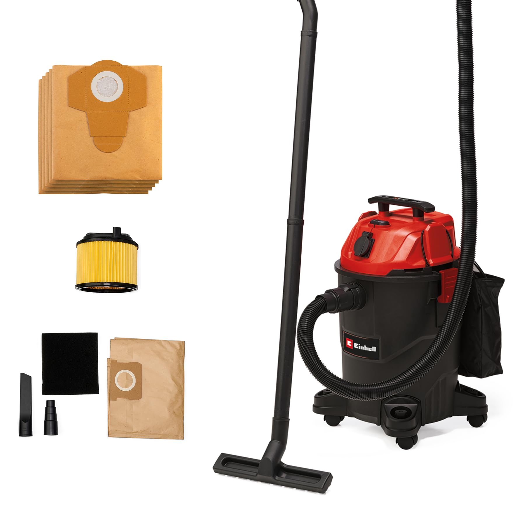 Einhell Nass-Trockensauger TC-VC 1825 A (1.250 Watt, 180 mbar Saugleistung, Automatiksteckdose, 25 L Auffangbehälter, Tragegriff, inkl. Düsen, Filter und 6X Schmutzfangsack)