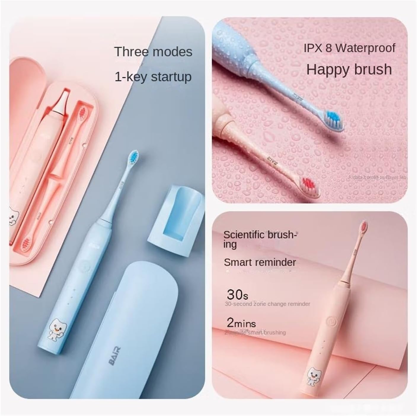 BAIR K7 Children's Electric Toothbrush, Suitable For Children 16 Years And Older, Soft-bristled Sonic Wave, Automatic Delivery Of Cute Toothpaste, Comes With 4 Brush Heads ( 32-33 , 34-35 , 36-37 , 38