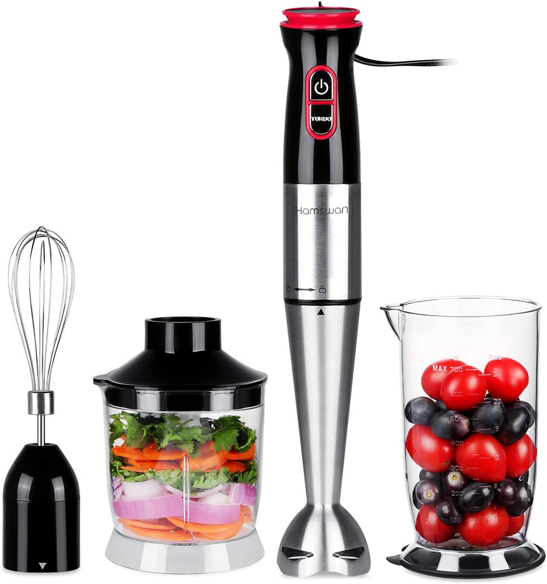 Hand Blender, HAMSWAN Powerful 800W 4-in-1 Immersion Blender with 12 Variable Speed Control and TURBO Button, Includes Stainless Steel Blade, Shaft & Egg Whisk, BPA-Free 500ml Food Chopper, 700ml Beaker, Perfect for Smoothies Baby Food Yogurt Sauces Soups