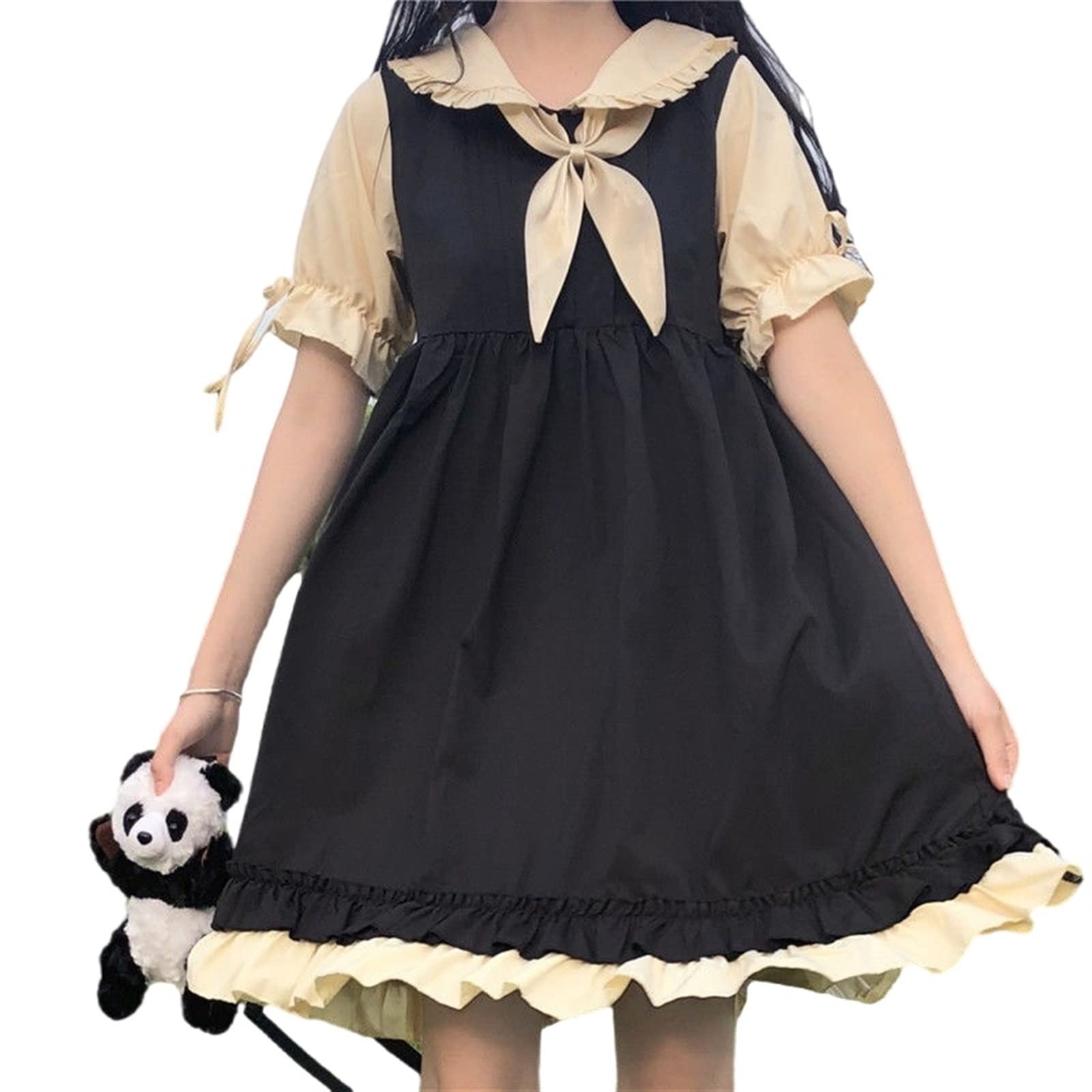 Mluvpxey Unisex Black Summer Dress Kawaii Lolita Dress Women Japanese Harajuku Dresses Short Sleeve Ruffles Patchwork Robe (Color : Size : Xxl)