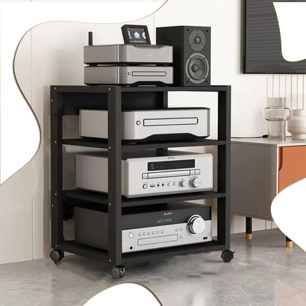 Moderner AV-Schrank für TV und Medien, 4-stöckiger Aufbewahrungsturm, multifunktionaler Ständer für Zuhause, Büro, Gaming und Wohnzimmer, stilvolles schwarzes Finish