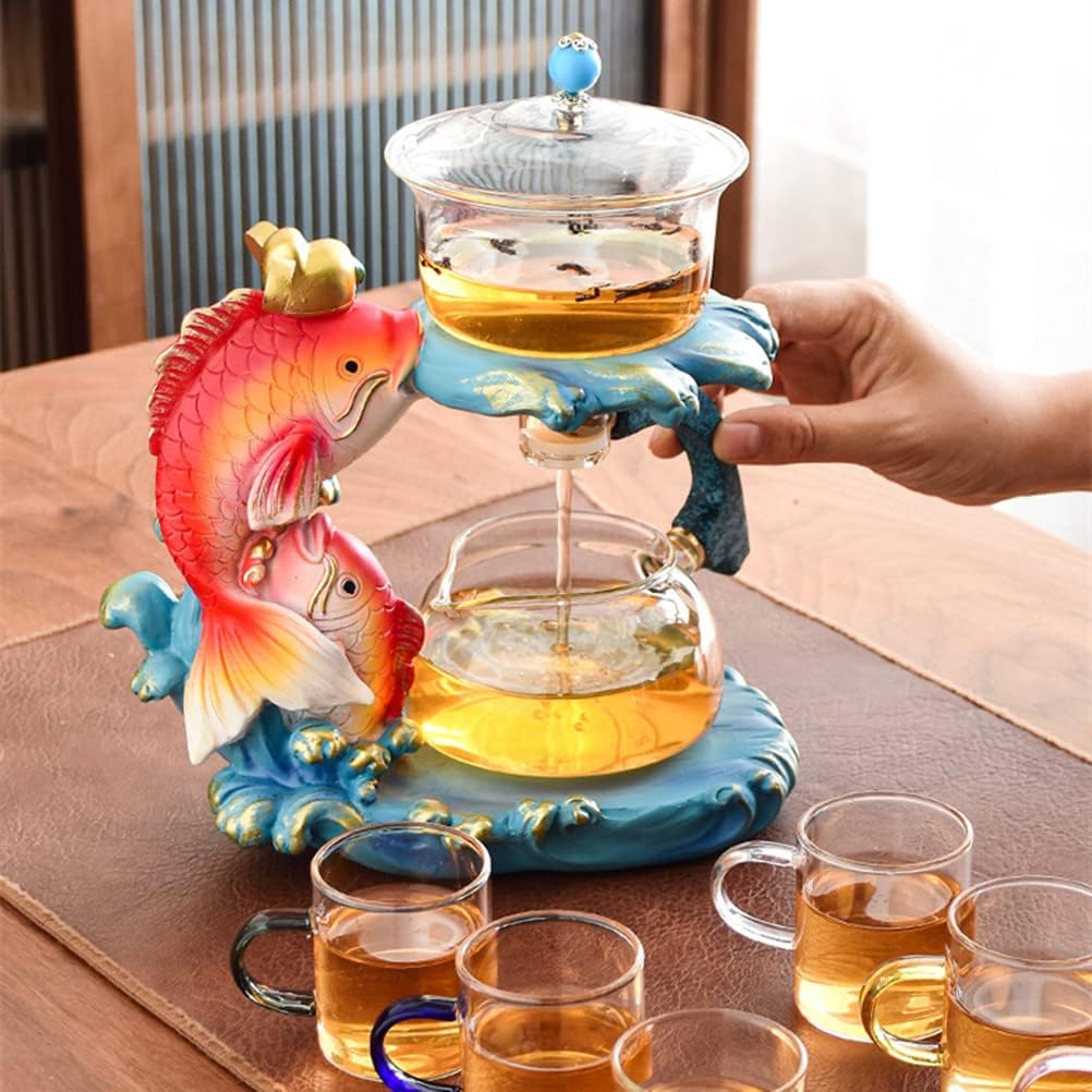 MOZEO Creative Fish Semi-automatic Tea Set with 6pcs Glass Lazy Kung Fu Teacups set Heat-resistant Tea Maker Pot Teapot (Fish Set)